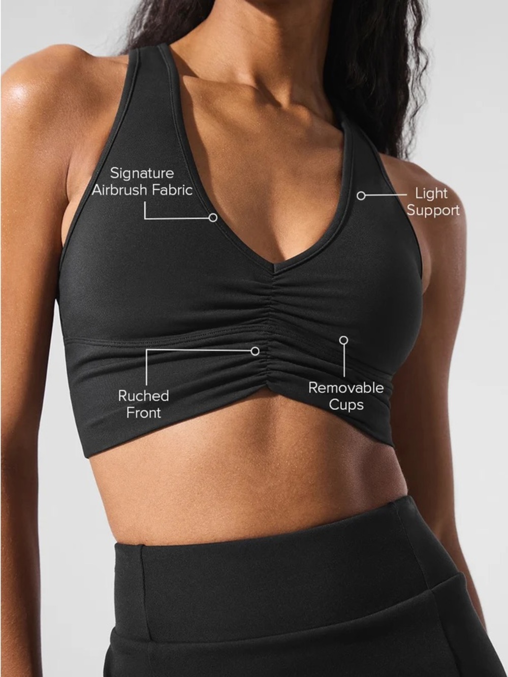 ALO Signature Airbrush Ruched Front Sports Bra - Black